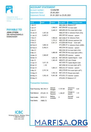 Blank China Industrial and Commercial Bank of China bank statement excel sample